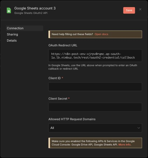 n8n Google OAuth2 credential with Redirect URL, Client ID and Secret