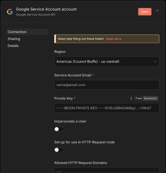 n8n Google Service Account credential